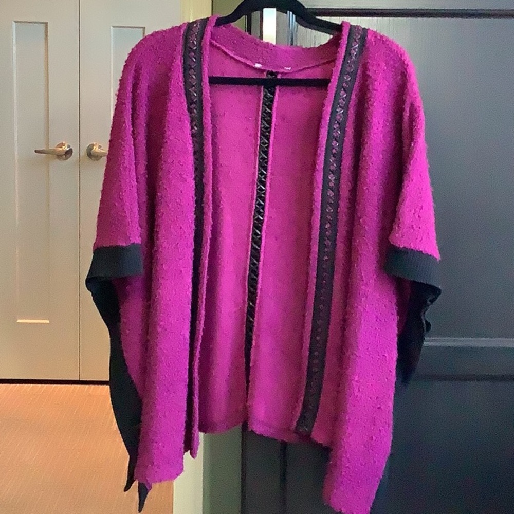 Boucle open poncho with pleather lacing detailing